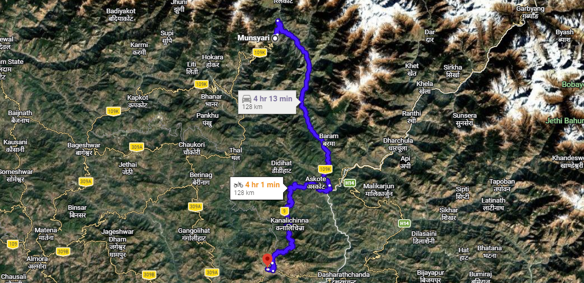 Delhi to Munsiyari road trip route map through Kumaon