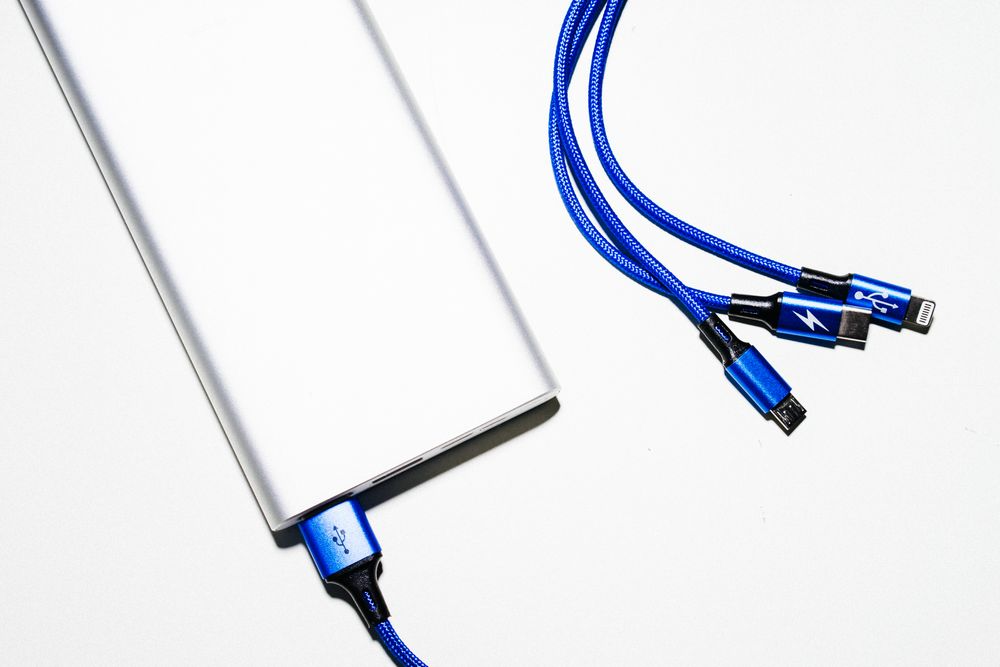 A power bank and USB charging cable for travel