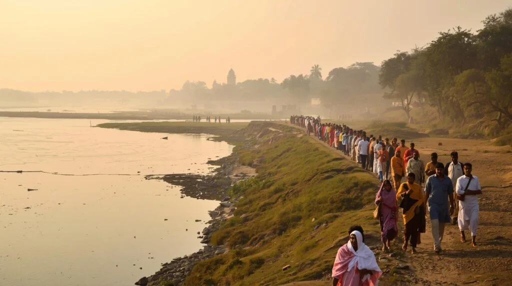 Pilgrims walking barefoot during Uttarvahini Narmada Parikrama Gujarat