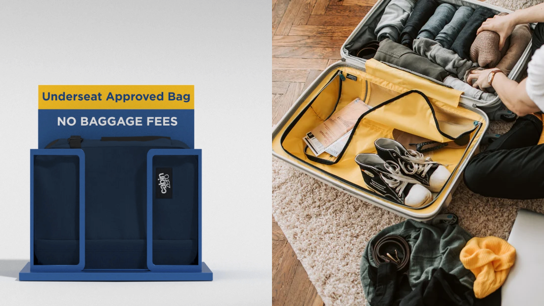 Cabin bag packed with documents and travel-sized toiletries