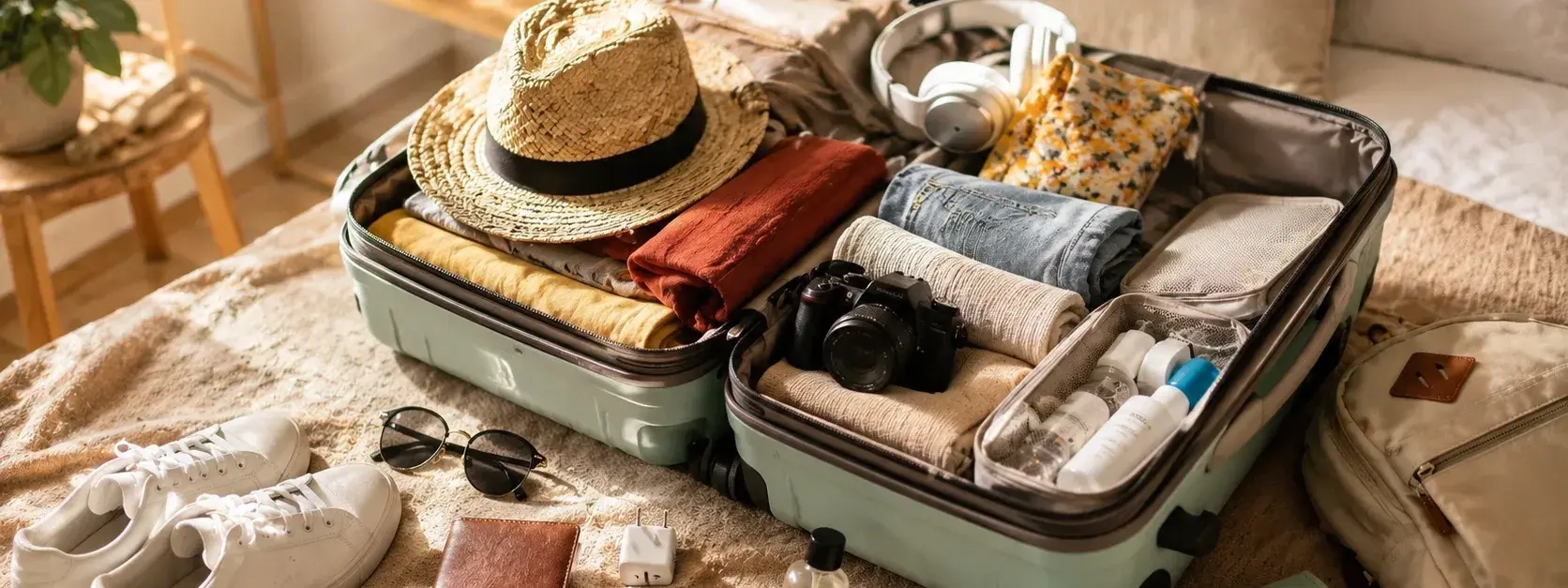 Travel essentials laid out before packing for a trip