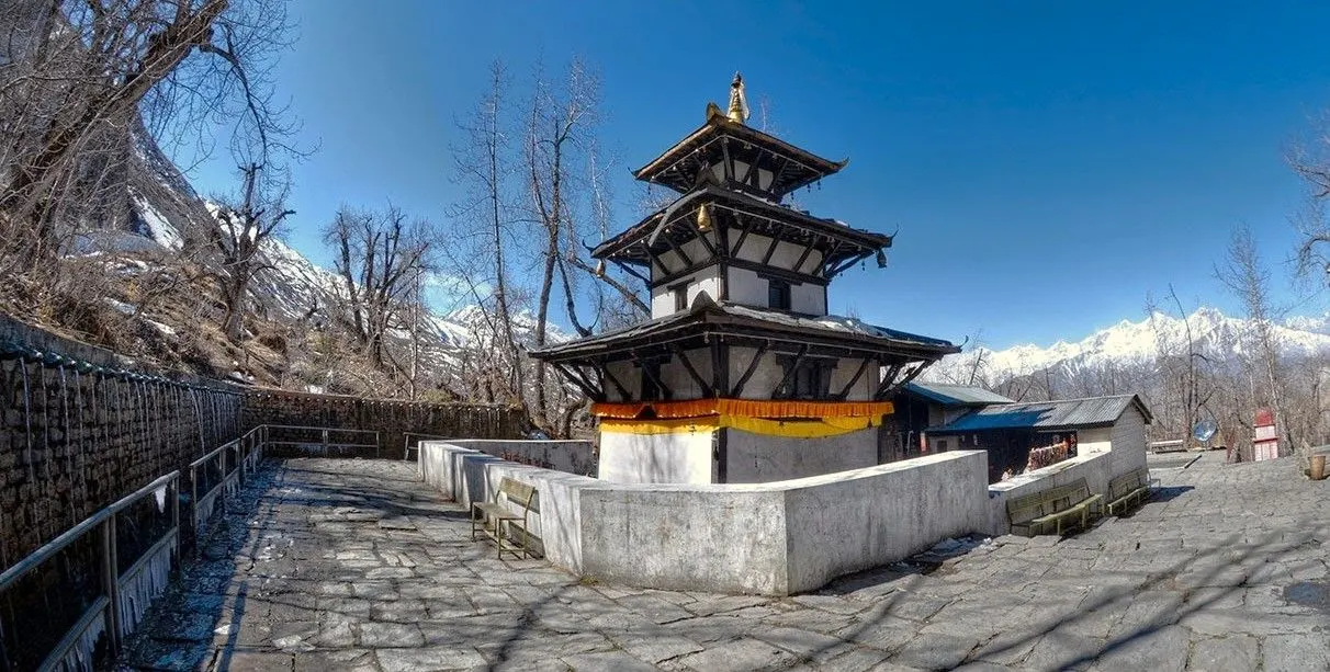 Muktinath Temple with Himalayan peaks in the background