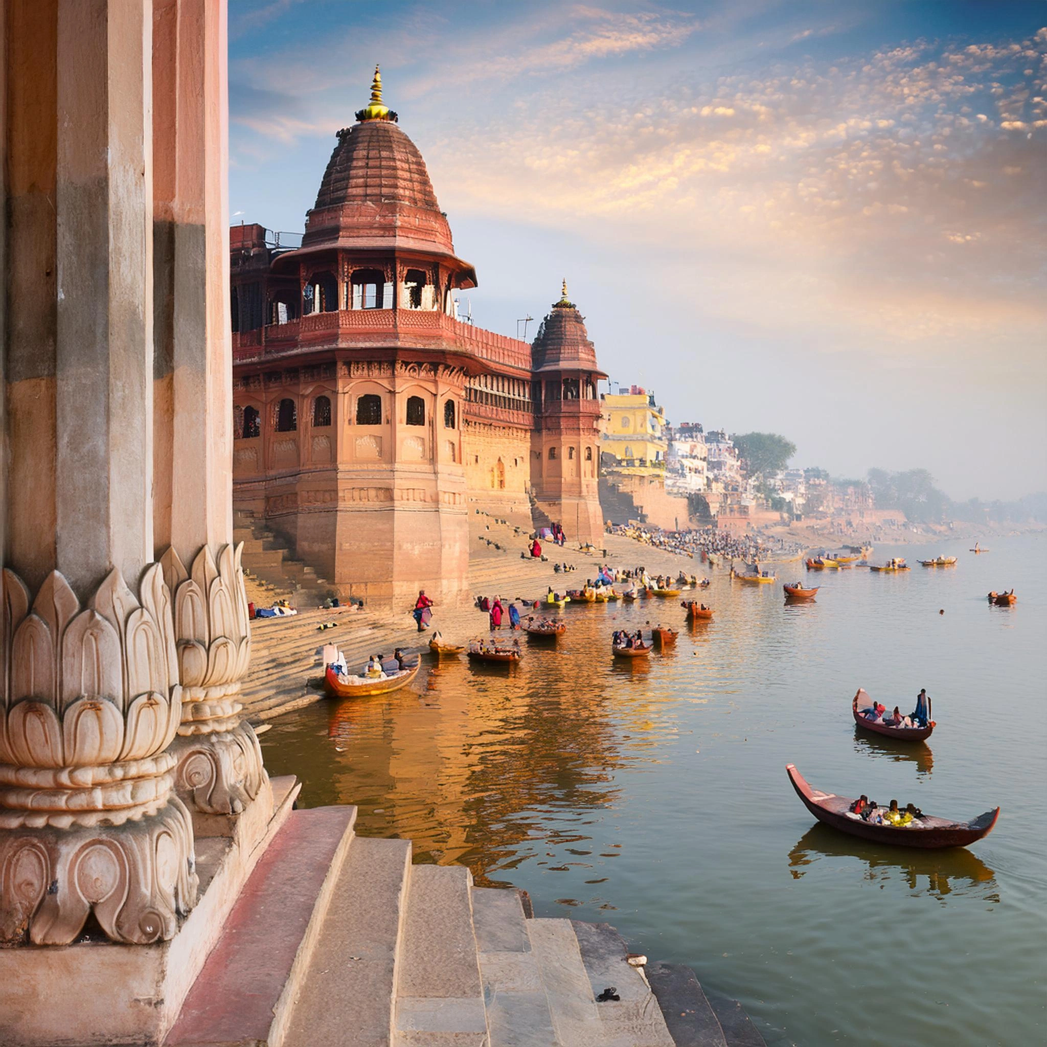 Sacred Ganges river and Varanasi ghats in Uttar Pradesh