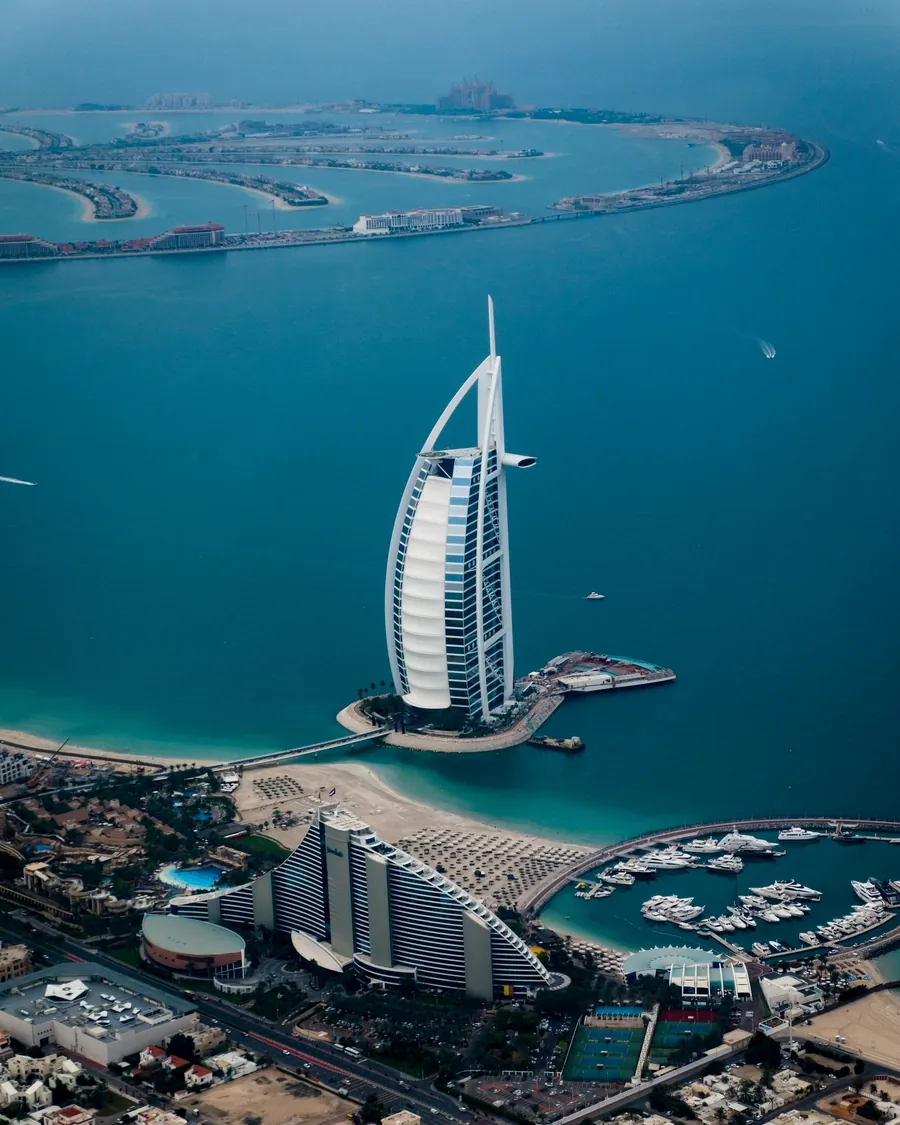 Aerial view of Burj Al Arab and Palm Jumeirah in Dubai
